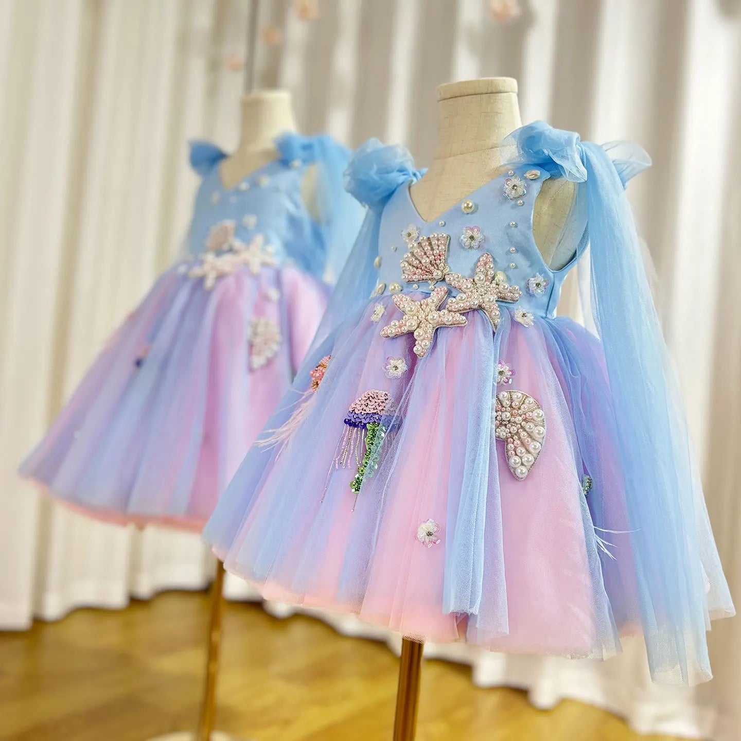 MQTIME - Luxury Sky Blue Baby Flower Girl Dresses Beaded Arab Pearls Princess Kids Gown for Birthday Wedding Evening Party J072