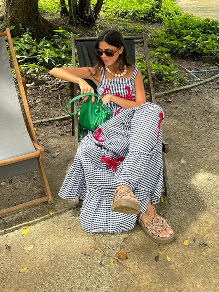 nvxiot Hanging Strap Printed Large Hem Long Dress Lady Casual Off Shoulder Sleeveless Plaid Robe Women Vacation Beach Vestidos