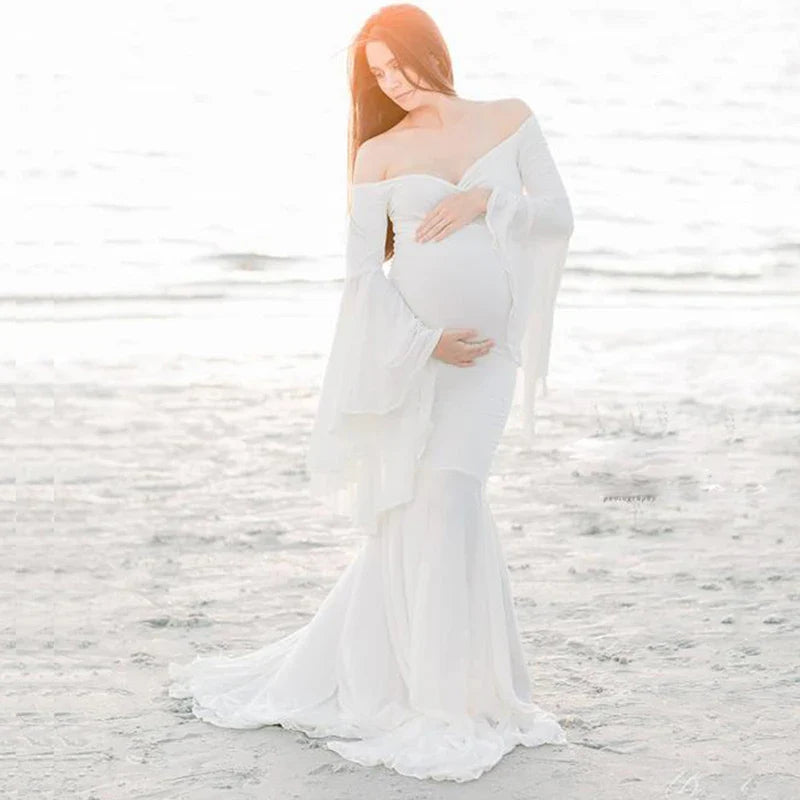nvxiot - Silk Cotton Maternity Photography Dresses Solid V-neck Ruffle Edge Sleeve Taildress Long Soft Cozy High Waisted Retro Long Dress