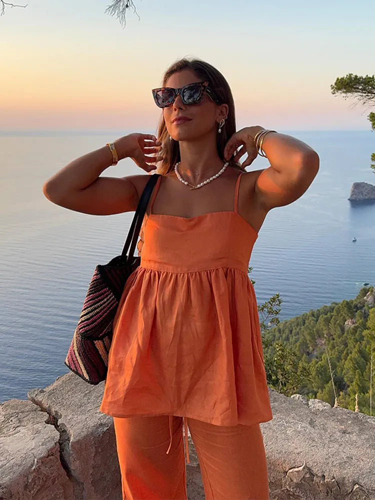 nvxiot - Women Fashion Ruffles Pleated Hem Tops Set Drawstring Wide Leg Pants Sleeveless Shirt Suit 2024 Lady New High Streetwear