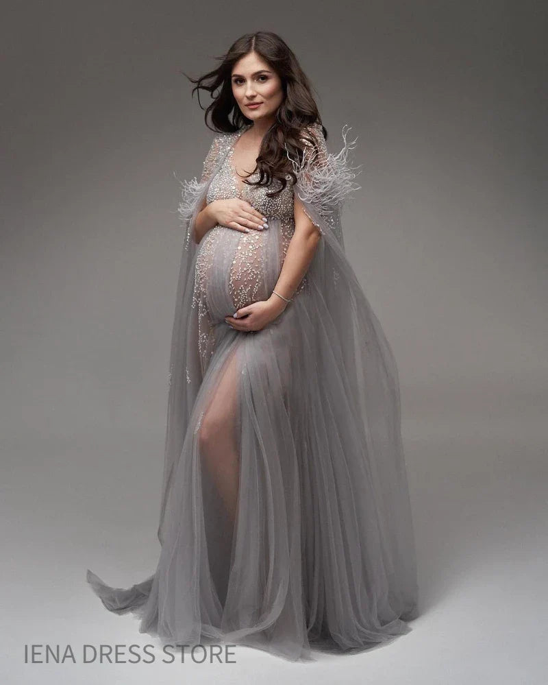 nvxiot - Silver Grey Studded Sequin Tulle Maternity Photo Shoot Dress for Baby shower V-neck Pregnant Women Gown with Feather Tassel
