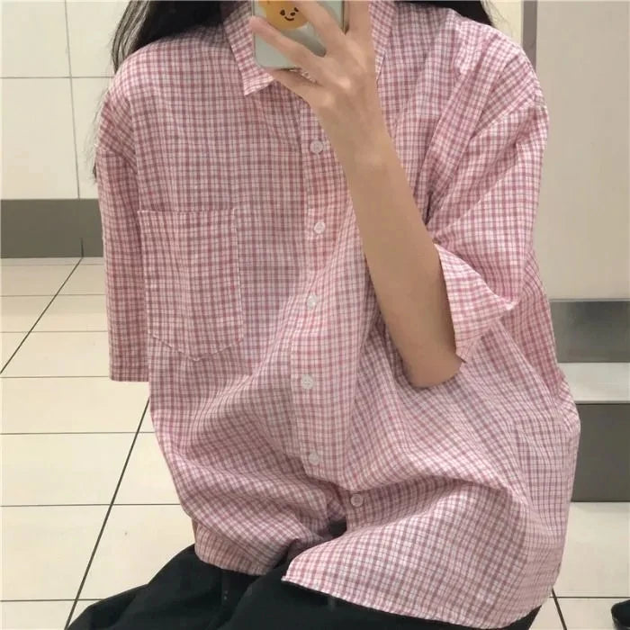 nvxiot - women summer casual plaid short sleeve blouse female oversize Japanese sweet botton shirts lady