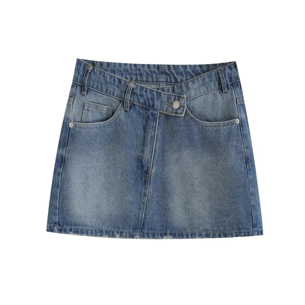 MQTIME - 2024 Summer New Product Women's Mid Waist Oblique Waist Decorated with Strap Short Skirt Denim Mini Skirt