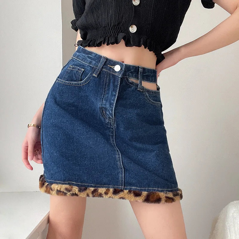 nvxiot - Fashion Blue Denim Skirt Female 2024 Leopard Print Frayed Design Sense Hollow Hole High Waist Slim Bag Hip Skirt Women Clothes