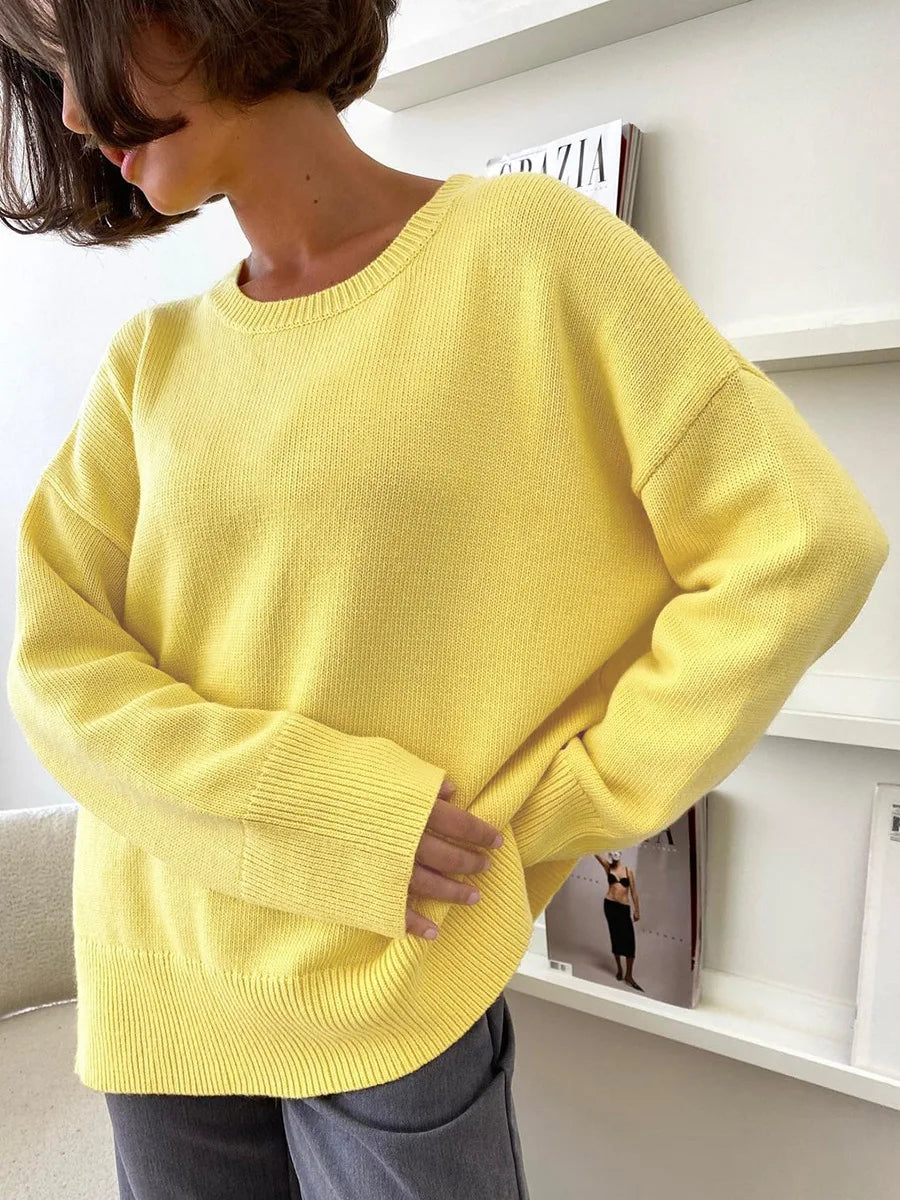 nvxiot Blue Basical O-Neck Slit Sweater Knitwear Women Autumn Long Sleeve Knitted Pullovers Loose-fit Casual Jumpers Clothing