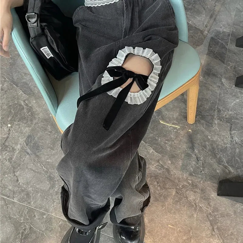 nvxiot Ripped jeans women's high waist wide leg pants summer new design sense bow Spice girl straight casual floor moping pants
