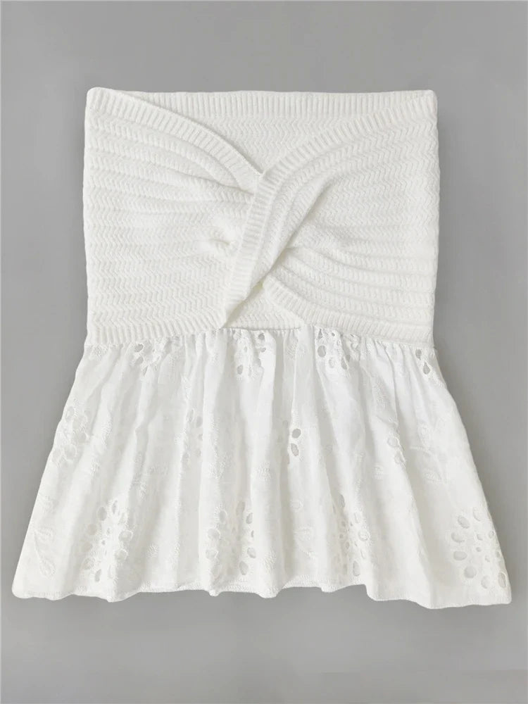 MQTIME - White Tube Top Knit Twist Crop Top Women Elegant Lace Mesh Strapless Corset Top Korean Sexy Streetwear Cute Chiffon Blouse