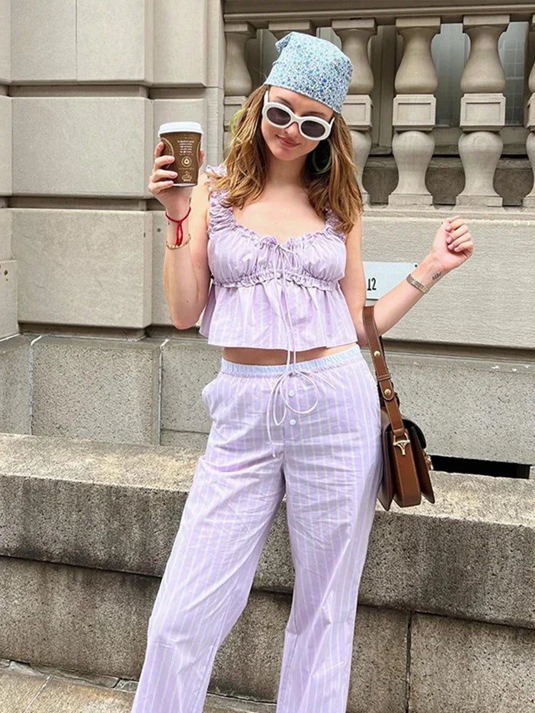 MQTIME - Striped Lace Up Women Trouser Suits Sleeveless Backless Ruffles Strap Crop Top High Waist Pants 2024 Summer New Chic Lady Sets