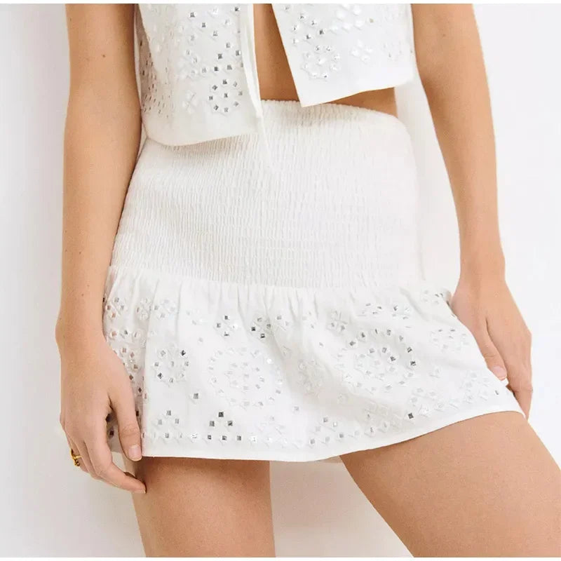 MQTIME - Sequins Spliced Ruffles Skirt Set 2 Piece Women Sexy V Neck Sleeveless Lace Up Crop Top High Waist Skirts Suits Lady Streetwear