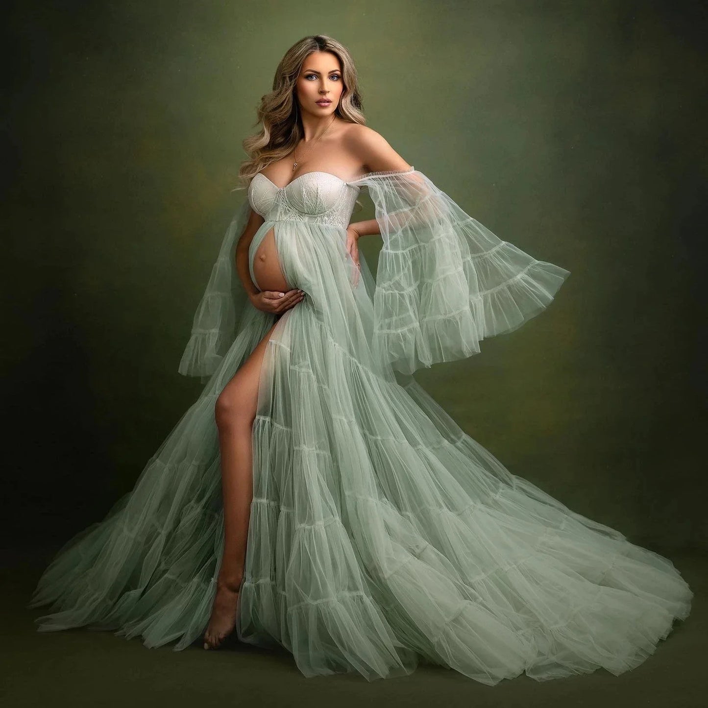 nvxiot Elegant Mint Green Maternity Gown for Photoshoot or Babyshower Tulle Maternity Dresses Long Bell Sleeves Pregnancy Dress Custom