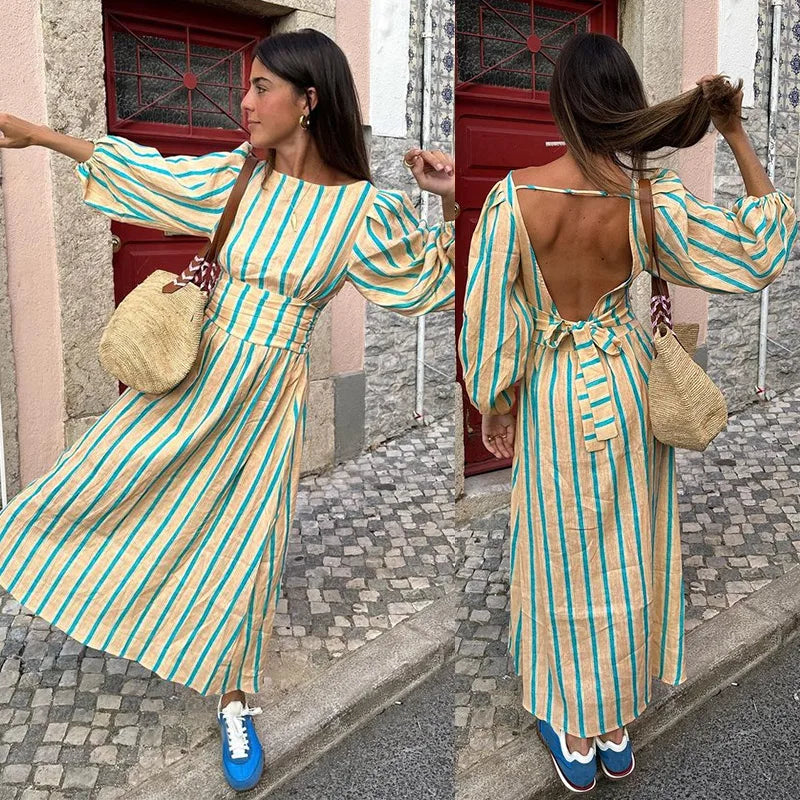 MQTIME - Casual Stripe Backless Long Dresses Women Elegant Loose Backless Lace Up Lantern Sleeve Female Dress Summer Holiday Lady Robe