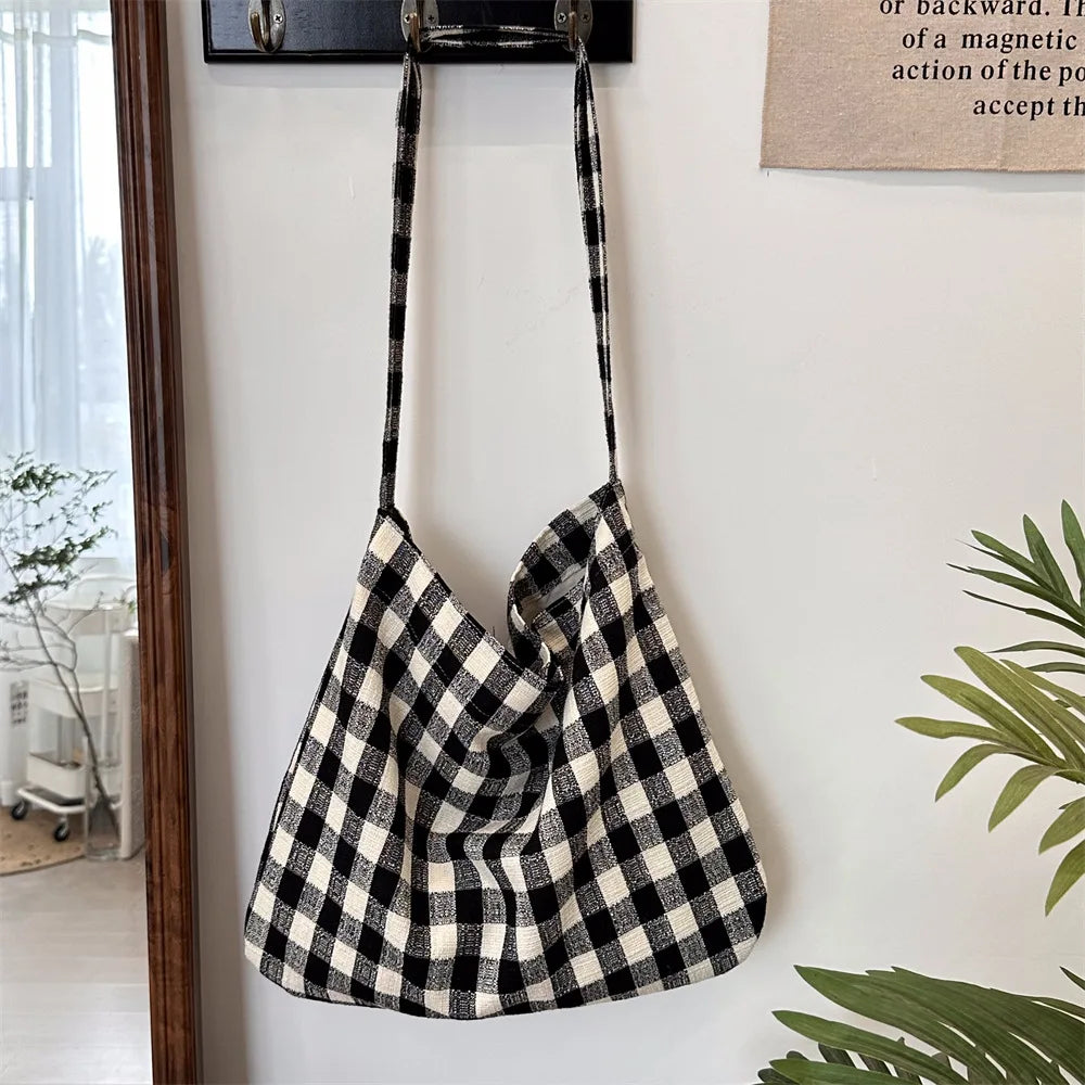 nvxiot - Retro Plaid Women's Canvas Shoulder Bag Casual College Girls Book Tote Travel Messenger Bags Female Eco Shopping Bag Handbags