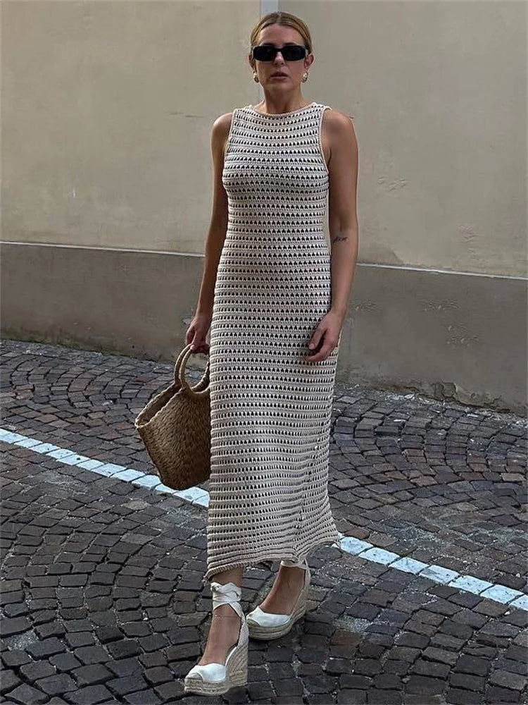 nvxiot - Striped See-Through Long Dress Female Elegant Sleeveless High Waist Patchwork Fashion Beach Dress Knit Maxi Dress Summer