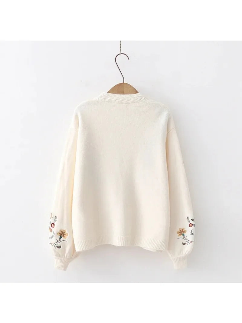 nvxiot - Japanese Mori Girl Autumn Winter Women Sweater V Neck Beige Blue Knitted Cardigan Elegant Floral Embroidery Warm Sweet Outerwear