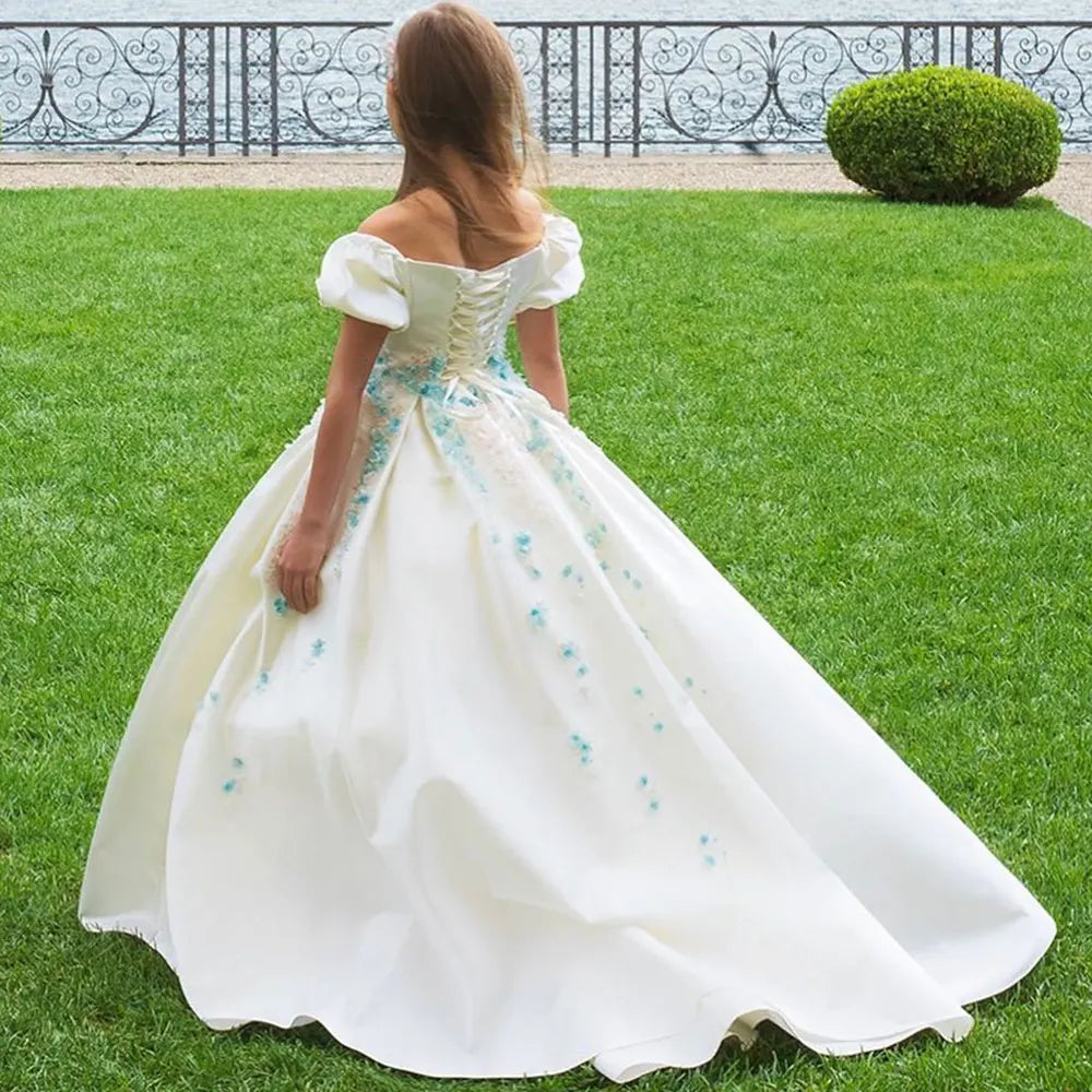 MQTIME - Luxury White Girl Dress 3D Flowers Satin Princess Dubai Kids Wedding Birthday Communion Party Elegant Gown 2024 J295