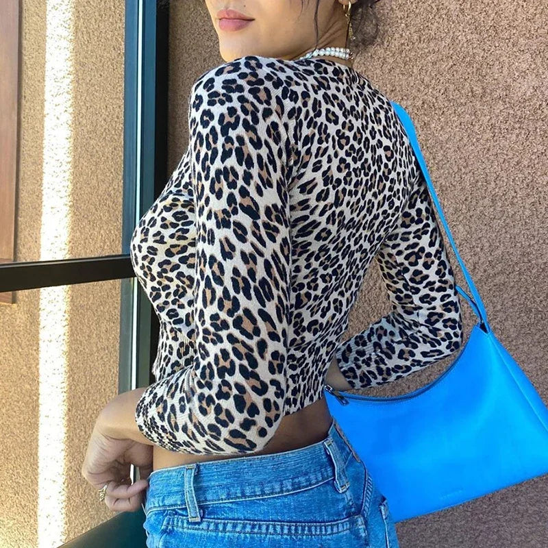 MQTIME - Leopard Women T Shirt Long Sleeve Crop Top Y2K Tees Top Outfits Button Skinny Sexy Summer Tshirt Streetwear Spring Top Fashion