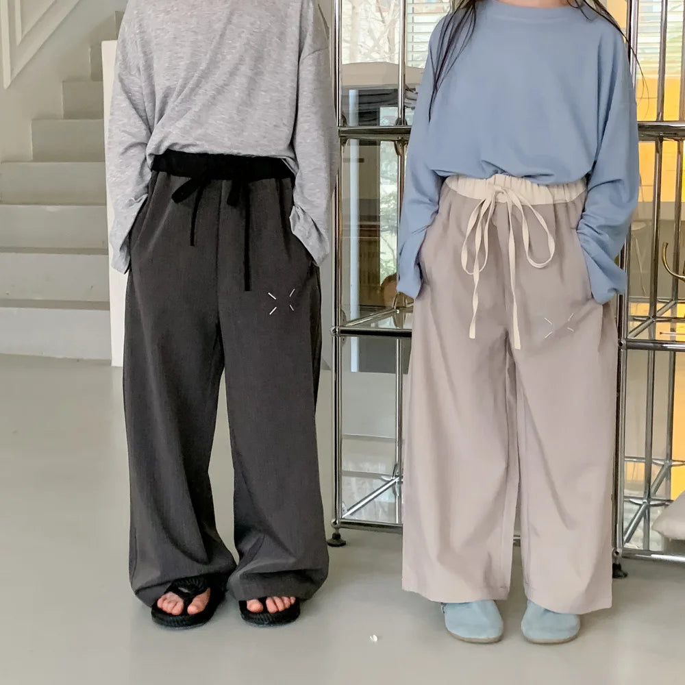 MQTIME - Korean 2024 Toddler Boy Pant Solid Elastic Waist Spliced Baby Girl Straight Pant Loose Casual Drawstring Kid Girl Wide Leg Pants