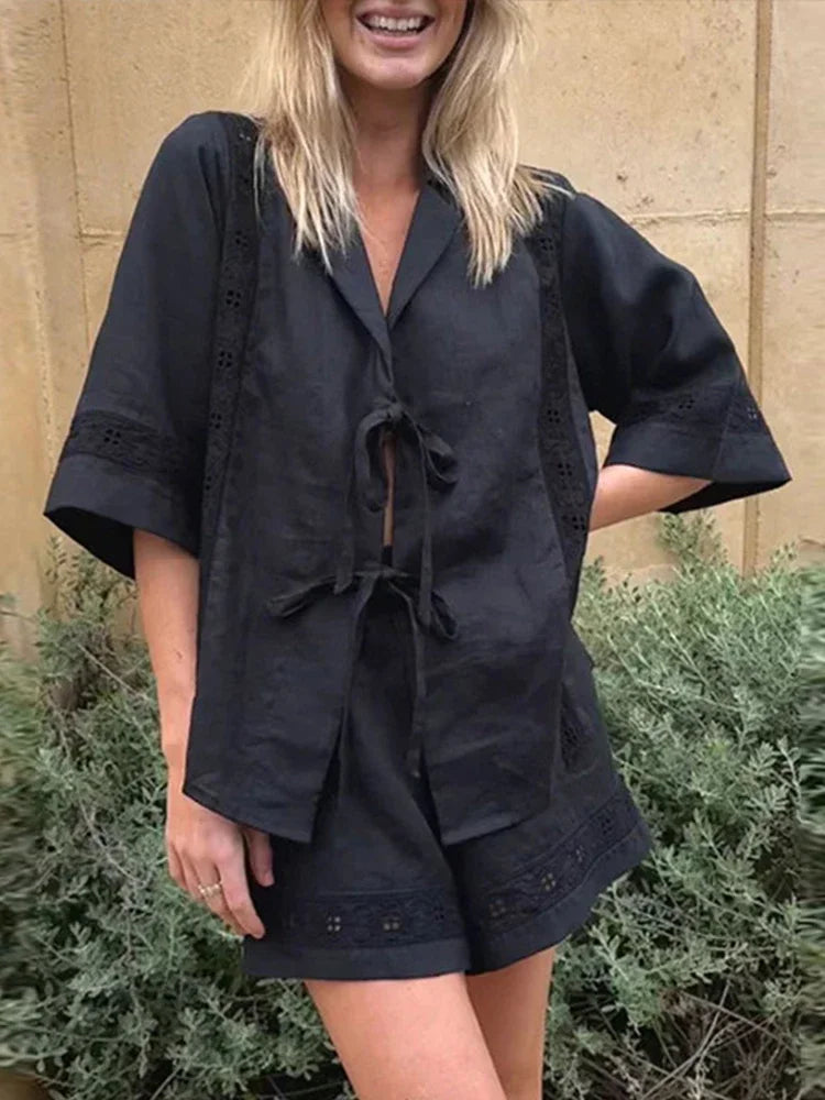 MQTIME - Embroidered Shorts Suit Women 2 Piece Set Hollow Out Lapel Casual Short Sleeve Shirt Sets 2024 Summer Lady Commuter Beach Outfit