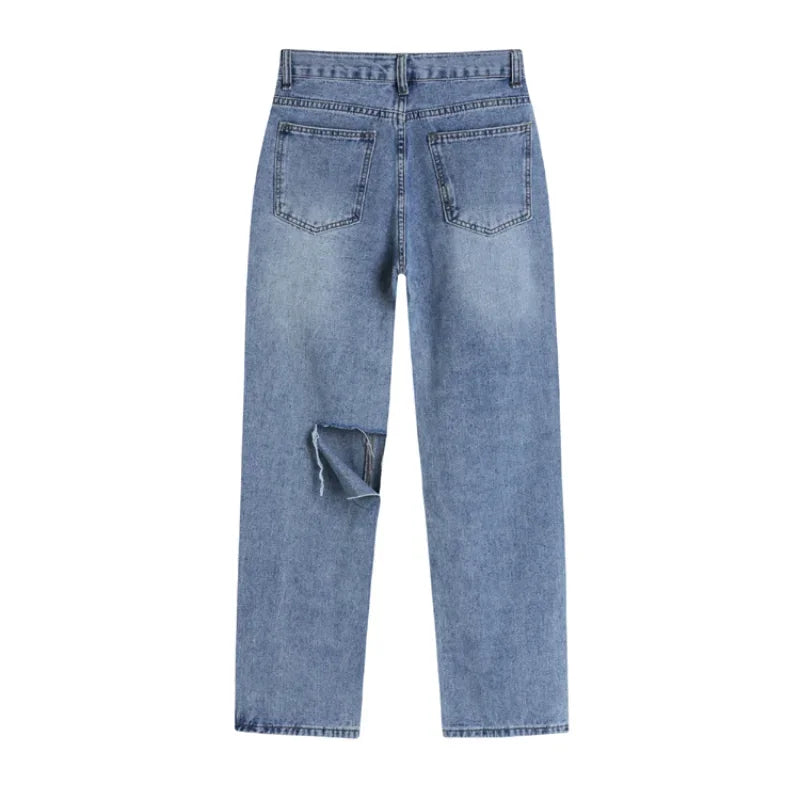 nvxiot - New Summer Women High Waist Straight Jeans Street Style Casual Ripped Hole Jeans Female Blue Washed Loose Pop Denim Pants