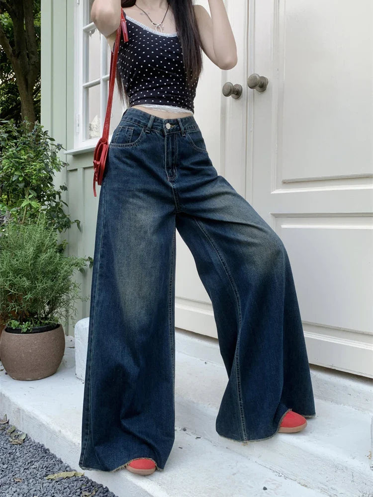 nvxiot - Women's A-line Wide Leg Blue Thin Jeans Young Girl Street Summer New Straight Baggy Bottoms Casual Trousers Female Loose Pants