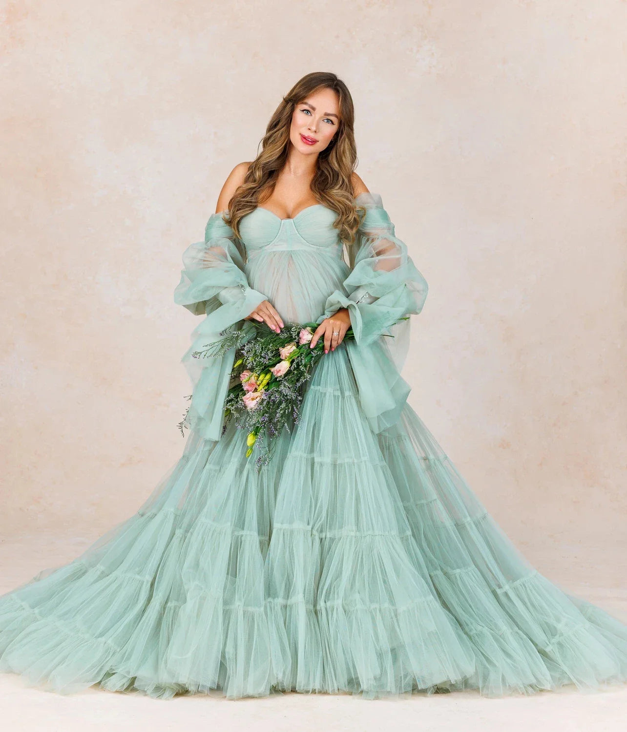 nvxiot Elegant Tulle Maternity Dress for Photoshoot Ruffle Puff Sleeves Bridal Robe Maternity Gowns Green Pregnancy Photography Dresses