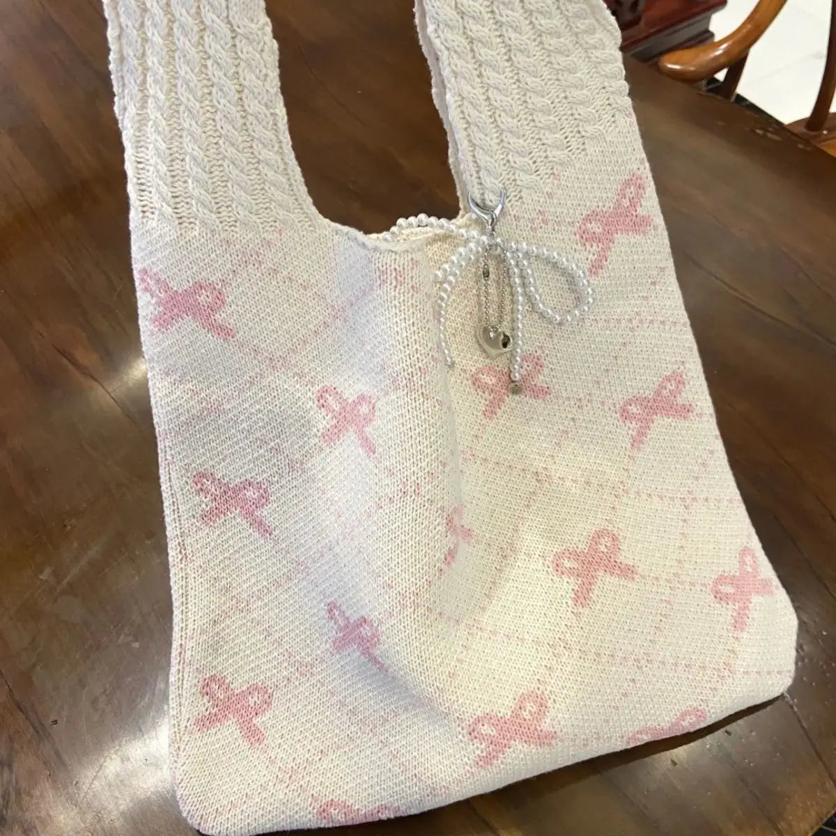 nvxiot - Harajuku Bow Knitted Bag Women Fairycore Aesthetic Large Capacity Casual Tote Bag Female Vintage Y2k Handbag Purse Chic