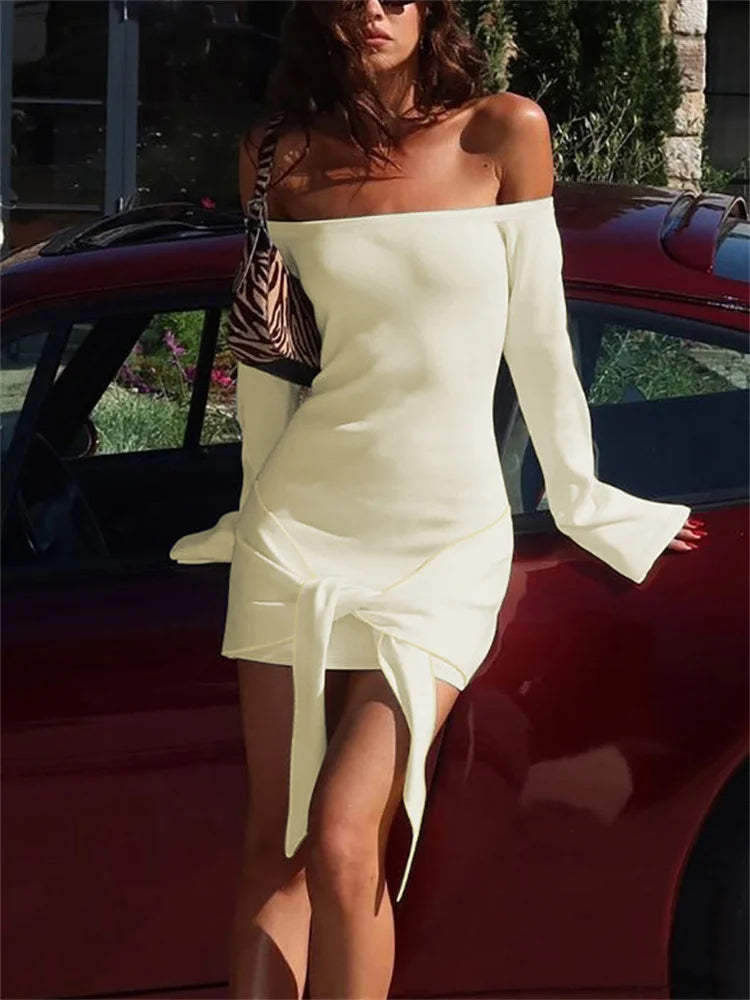 nvxiot - Fashion Bandage Off-Shoulder MIni Dress For Women Patchwork Lace-Up Backless Elegant Clothes Ladies 2024 Bodycon Dress