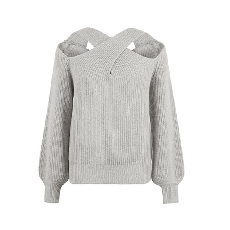 nvxiot Cold Shoulder Autumn Halter Women Lantern Sleeve Sexy Pull Female Beige Winter Casual Knitted Sweater New Dropshipping