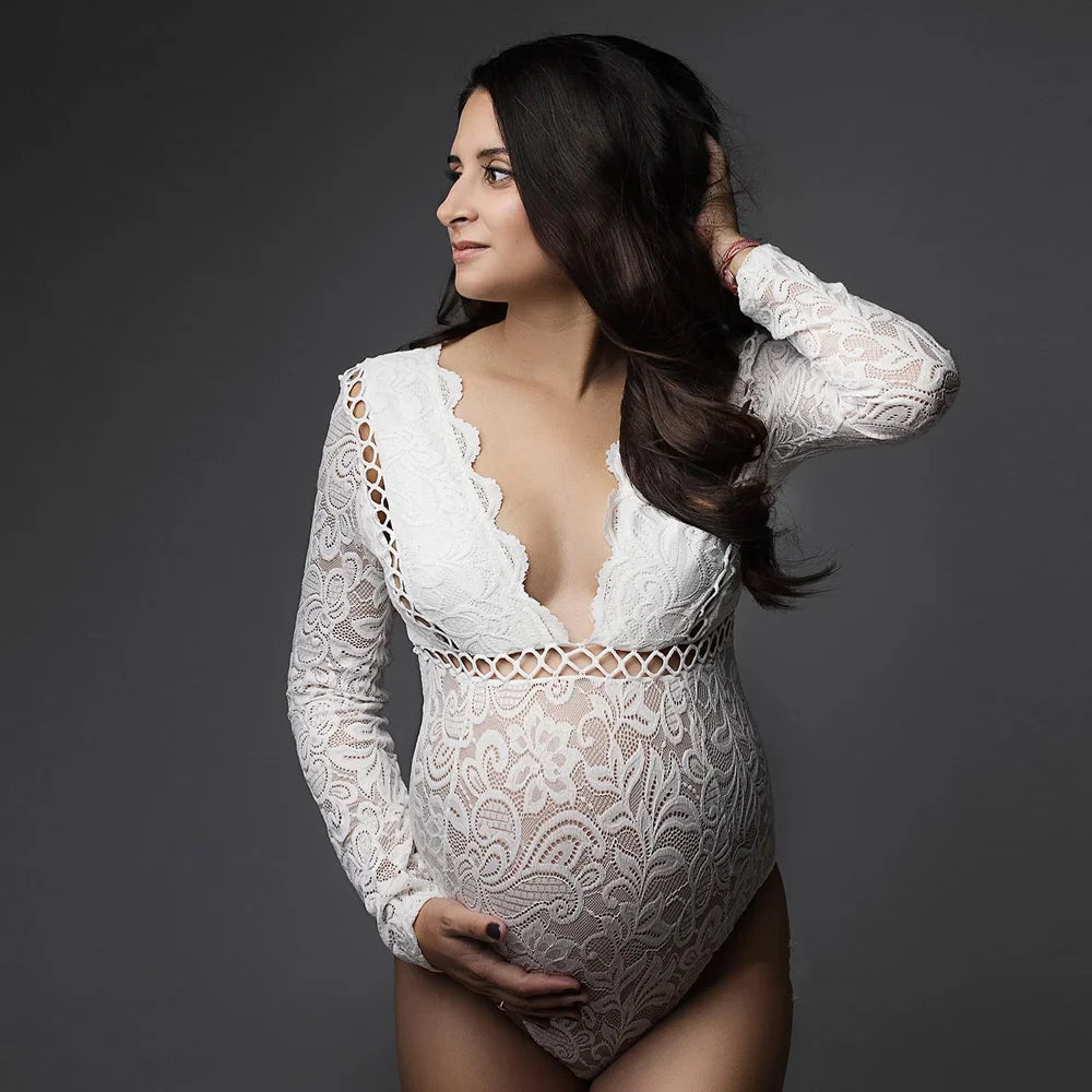 MQTIME - Sexy Elastic Maternity Photography Props Jumpsuit Perspective Mesh Lace Bodysuit Photo Shoot Photography Clothing For Women