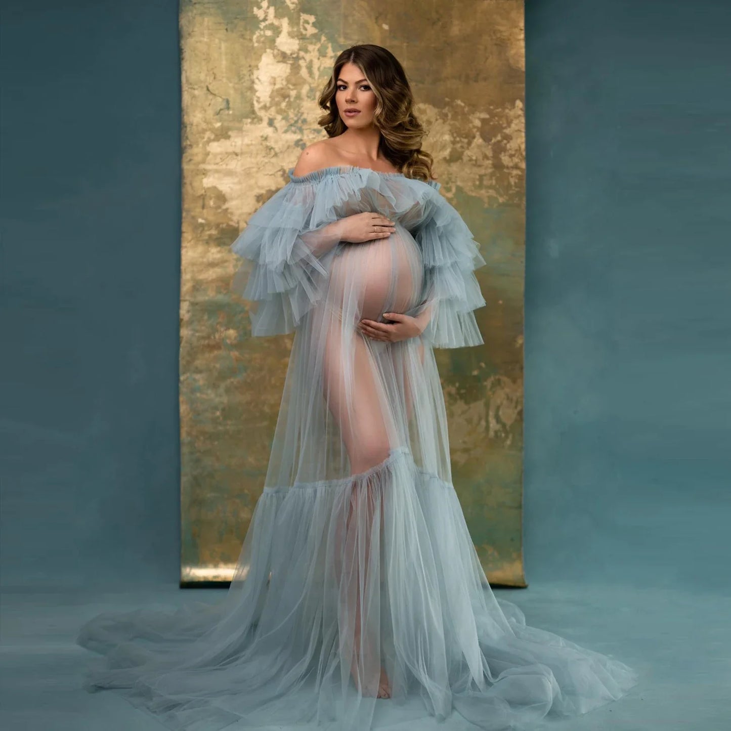 nvxiot - Sheer Tulle Maternity Dress for Photoshoot Off the Shoulder Illusion Tiered Pregnant Women Babyshower Dresses Photography Gown