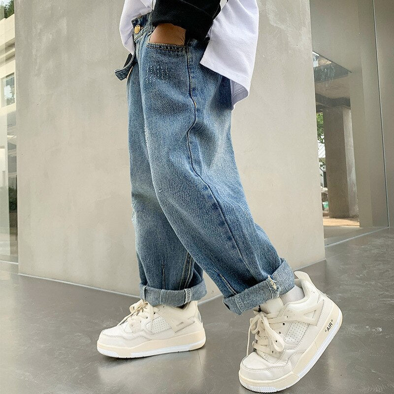 nvxiot Jeans for Boys Autumn Blue Fashion All-match Young Children's Casual Pants Winter Fleece Thick Kids Trousers 10 12 13 Years