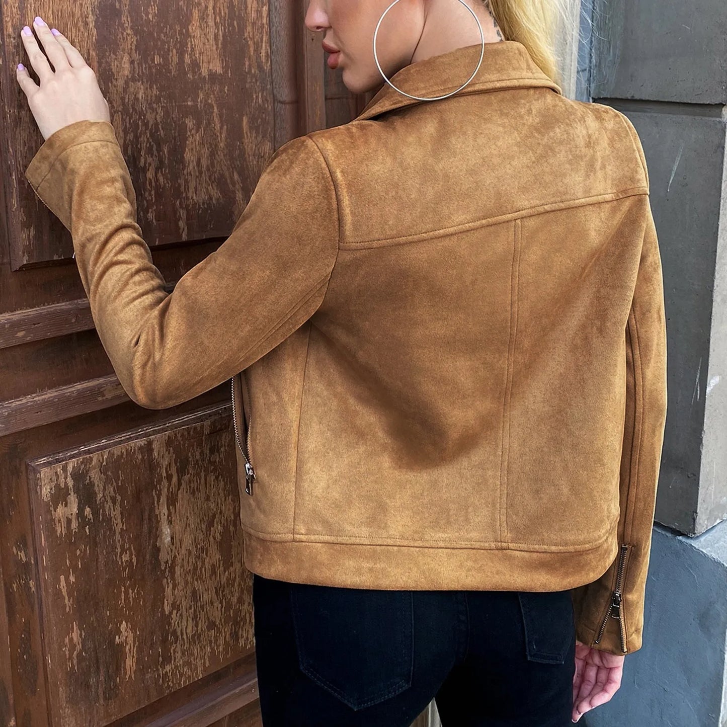 MQTIME - Women's Stylish Brown Leather Jacket Autumn New Classic Casual Irregular Zip Up Outerwear Ladies Skinny Long Sleeve Jacket