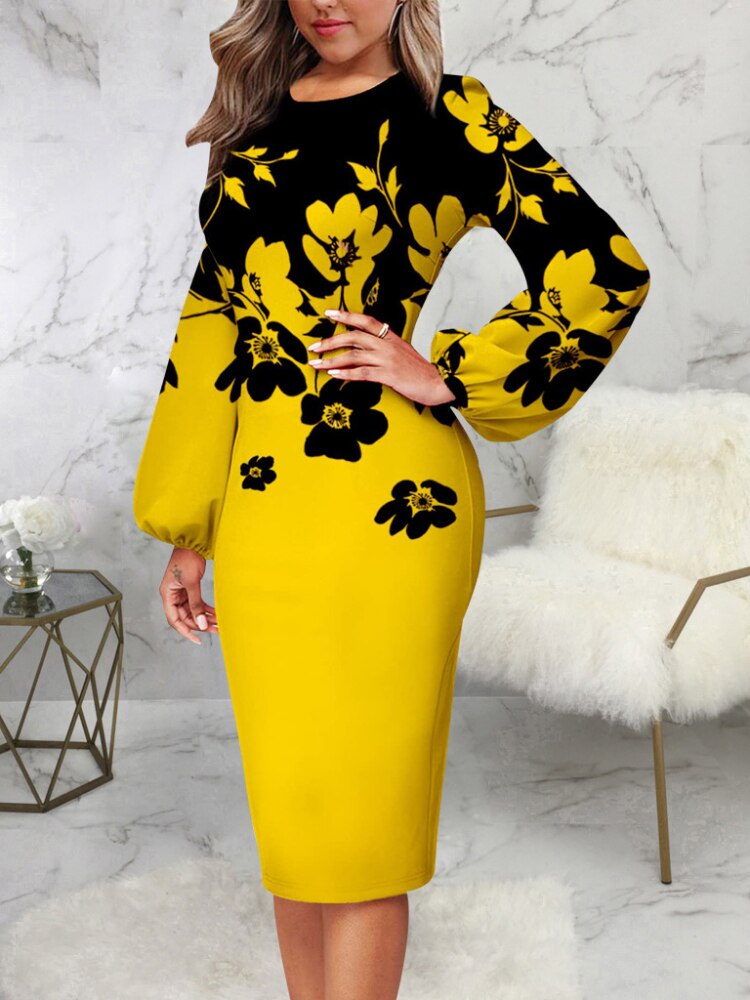 nvxiot Fashion Floral Print Dress Women Elegant O Neck Long Sleeve Party Robes Bodycon Lantern Sleeves African Printed Vestidos Autumn