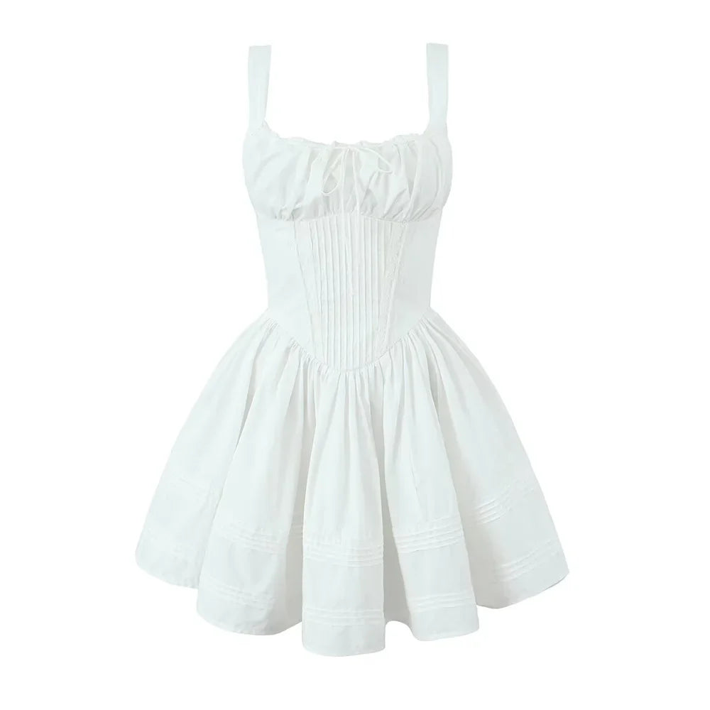 MQTIME - European And American Style 2024 Summer Women's New Fashionable Floral Print Pleated Patchwork Slim Fitting Suspender Dress