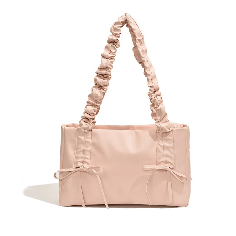 nvxiot - Pink Blue White Bow Pu Handbags Fashion Simple Big Capacity Casual Shoulder Bags For Women Trendy Daily Party Tote Handbags 2024