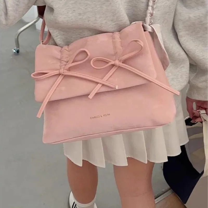 nvxiot - Pink Womens Shoulder Bag 2024 Fashion Pleated Elegant Casual Bow Tote Bag Scarves Large Capacity Exquisite Female Handbag