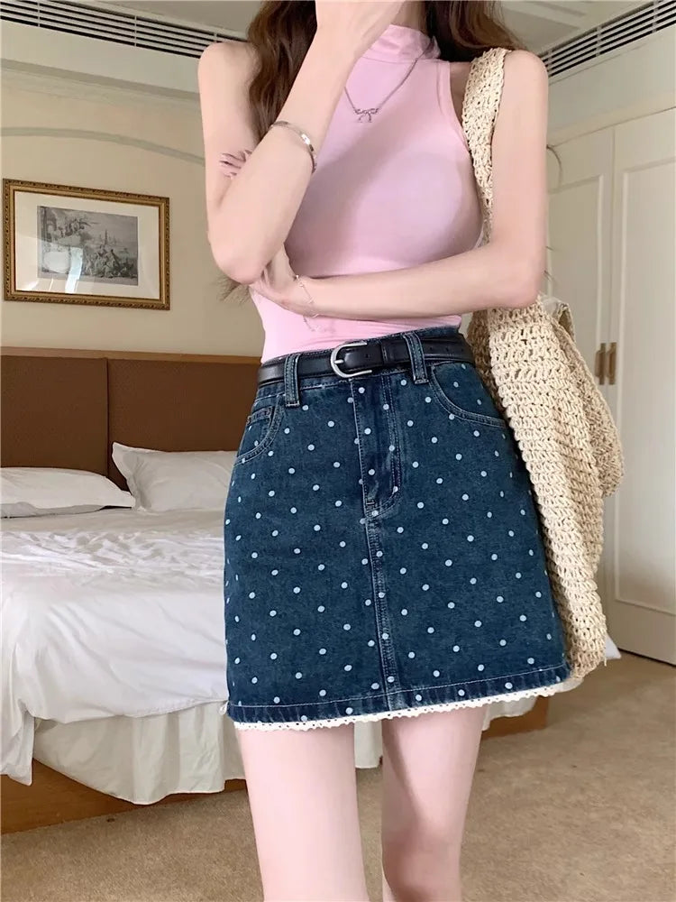 MQTIME - Vintage Blue Dot Cowboy Mini Skirts for Women Lace Patchwork High Waist A-line Skirt Korean Style Cutecore Skirts Summer