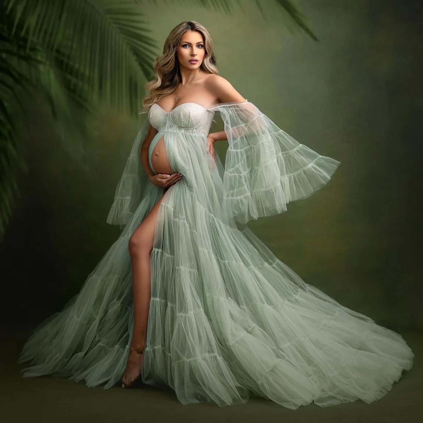 nvxiot Elegant Mint Green Maternity Gown for Photoshoot or Babyshower Tulle Maternity Dresses Long Bell Sleeves Pregnancy Dress Custom