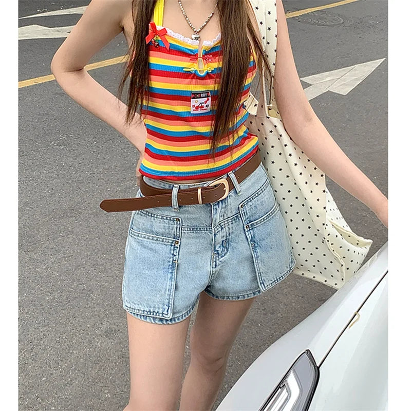 MQTIME - Women's Light Blue High Waisted Denim Shorts Summer Young Girl Vintage American Street Style Female Loose Mini Jeans