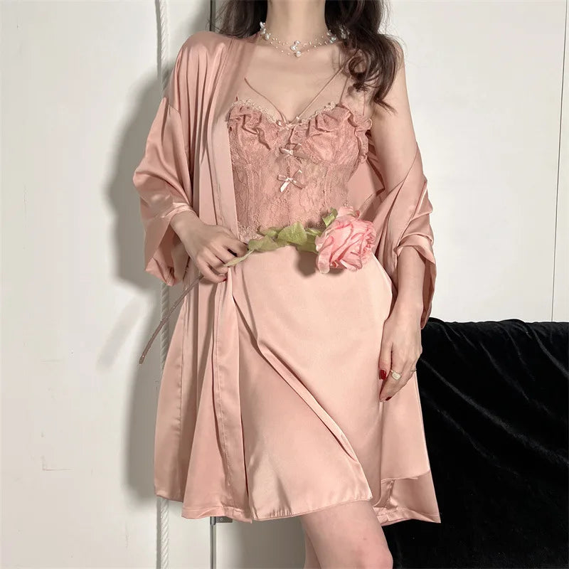 MQTIME - Women Robe And Gown Sets Light Purple Bathrobe Sexy Lingerie Satin Kimono Two Piece Set Summer Lace Hollow-out Nightgown