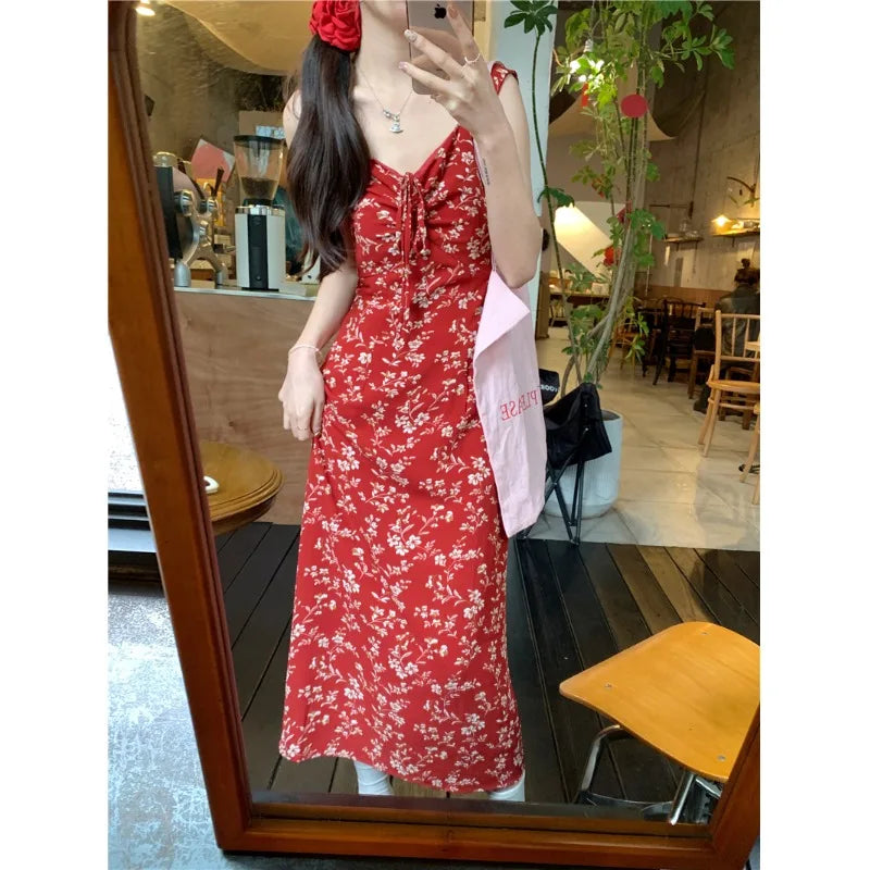 MQTIME - Women's Retro French V-Neck Red Floral Dress, Strap Dress with Waistband and buttocks, Long Skirt, Beach Vacation, Summer