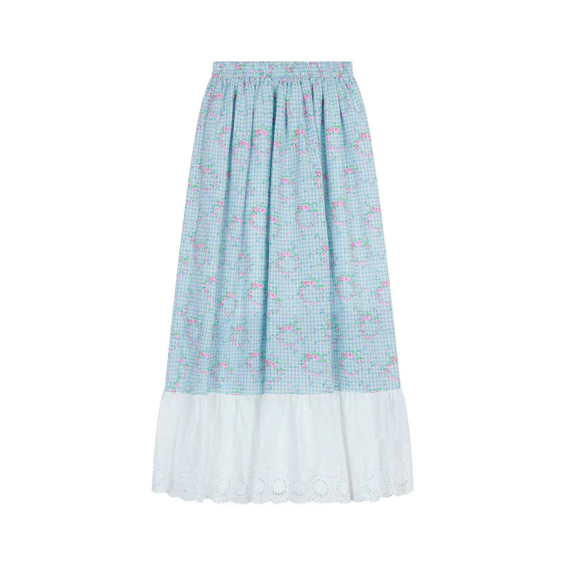 MQTIME - Flower Plaid Skirt with Lace Hem Green White Contrast Cute Midi Long Skirts #e-girl fairycore 2000s y2k aesthetic korean clothes