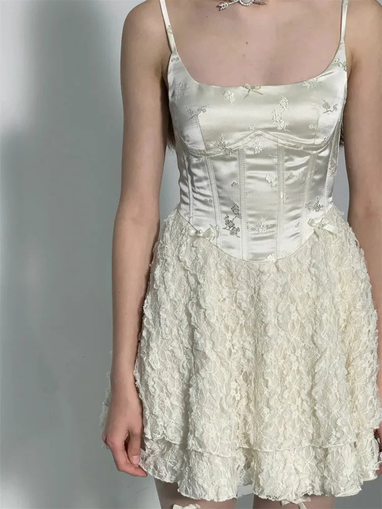 MQTIME - Y2K Short Dresses for Women Summer New High Waist White Lace Party Spaghetti Strap Streetwear Korean Ruffles A-line Mini Vestido