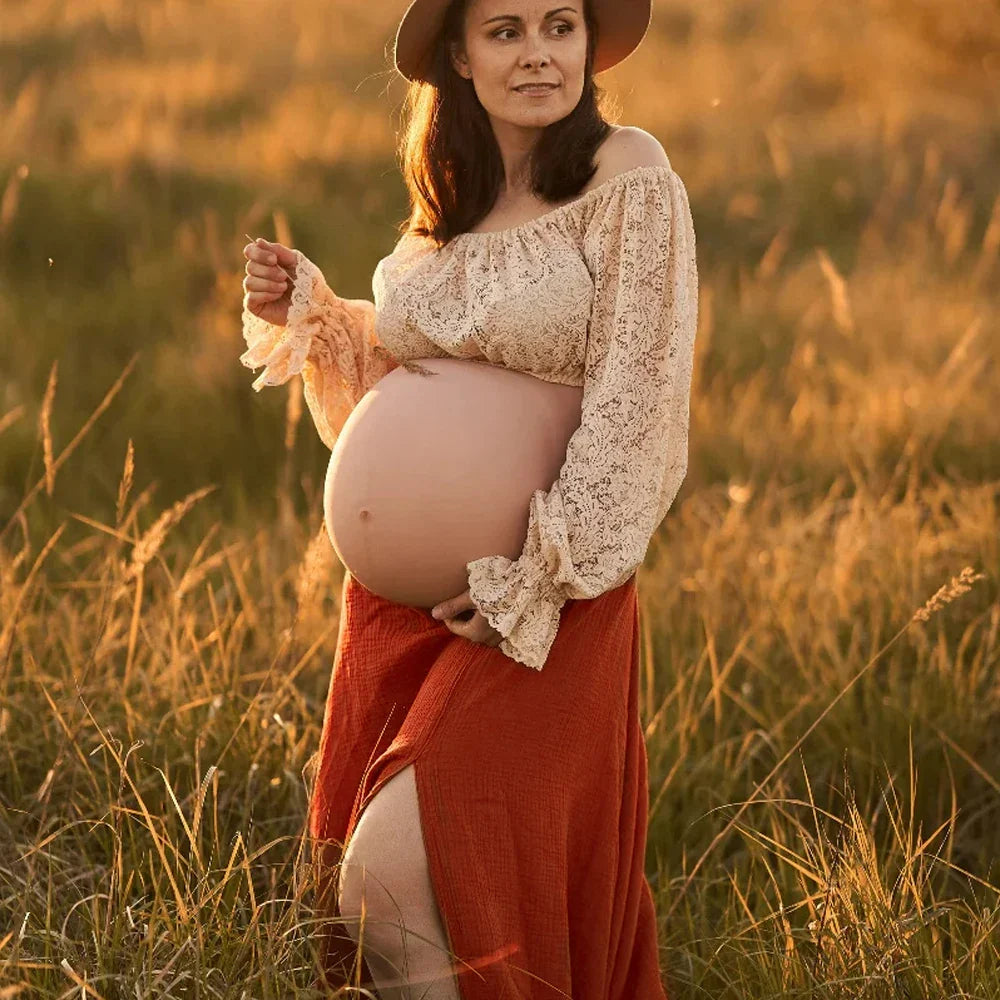 nvxiot - Maternity Dresses For Photo Shoot Two Piece Lace Top and Linen Cotton Skirt Vintage Boho Photography Dress for Baby Showers