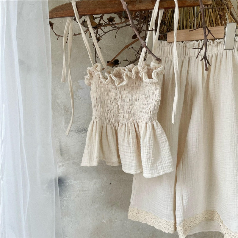nvxiot Korean Children Kids Clothing Set Girls Summer Organic Cotton Tie Tank Sling Smocked Top Lace Wide Leg Pants Trousers Outfits