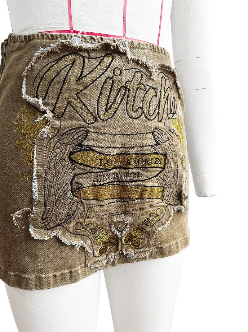 nvxiot - Letter EmbroideryTassel Patch Bodycon Denim Mini Skirts Women Fashion Elastic Waist Zip-up Hipster Jeans Petticoat Streetwear