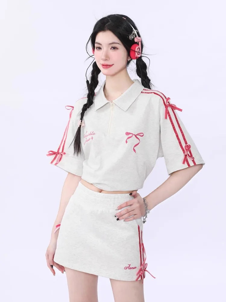 MQTIME - Sports Tennis Skirt for Women Embroidery Letter Mini Skirts with Bow Striped High Waist Hip Wrap Skirt Summer Slim Chic