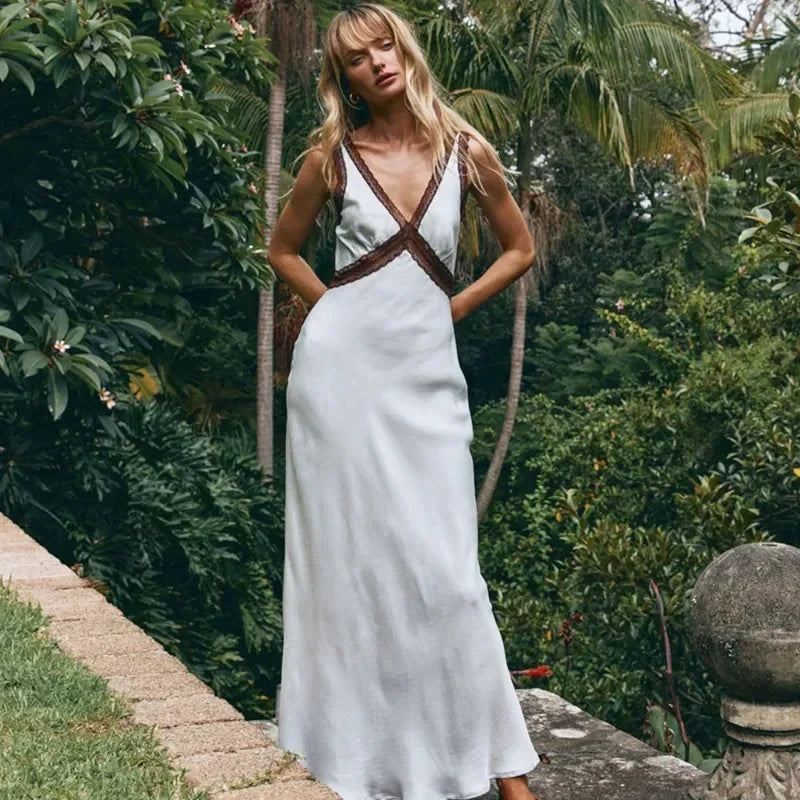 MQTIME - Deep V Neck Dress For Women's Sleeveless High Waist Long Dresses Street Casual Party Elegant Sexy Evening Dress Female