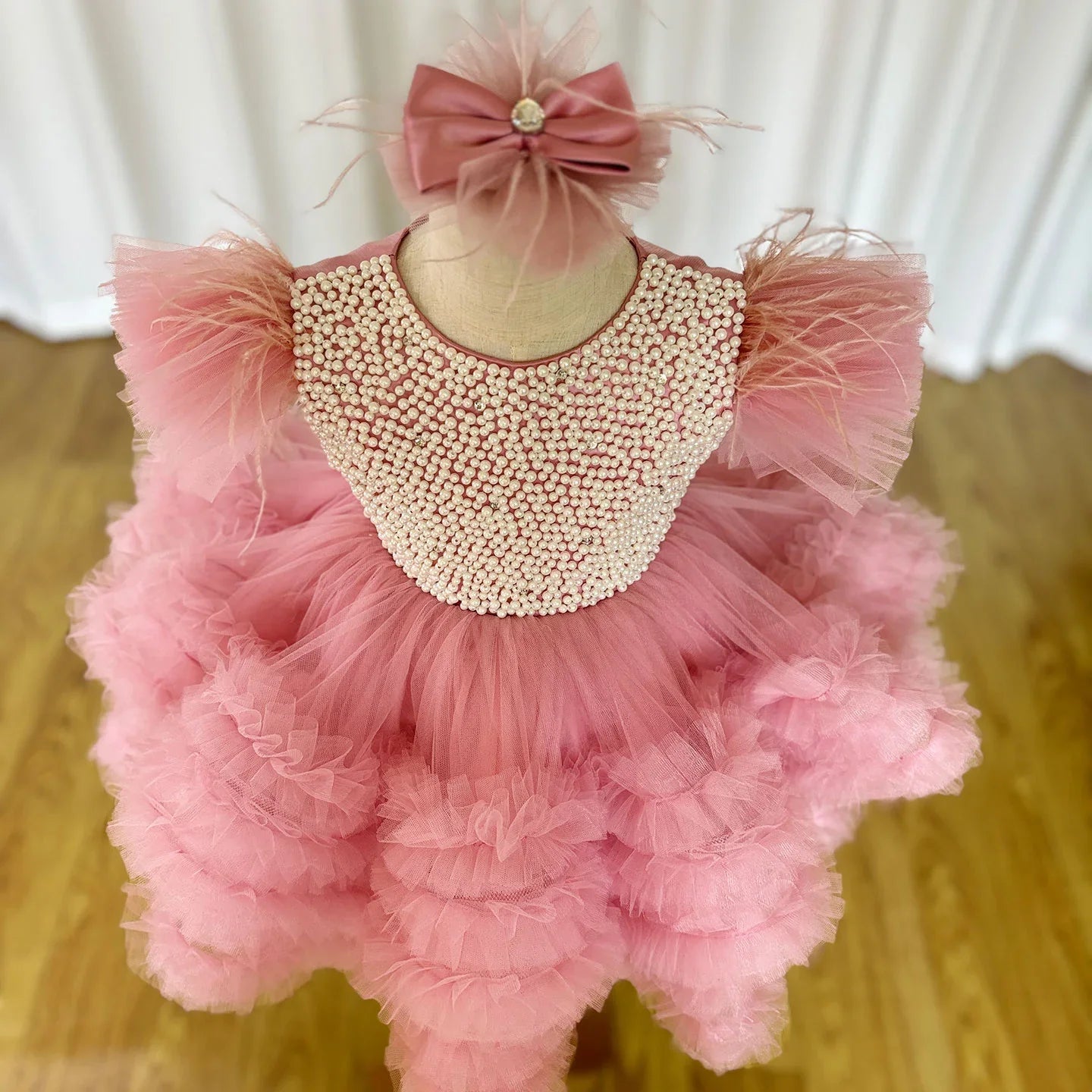 MQTIME - Gdybao Elegant Flower Girl Dress Pink Pearls Princess Baby Kids Wedding Birthday First Communion Ball Gown 2024