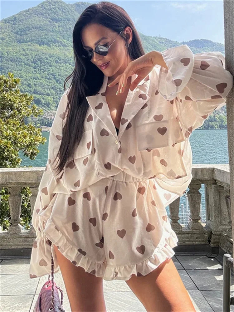 nvxiot - Autumn 2 Piece-Set Shorts For Women Printed Pocket Shirts And High Waist Slim Shorts Sets Female Casual Contrast Outfits